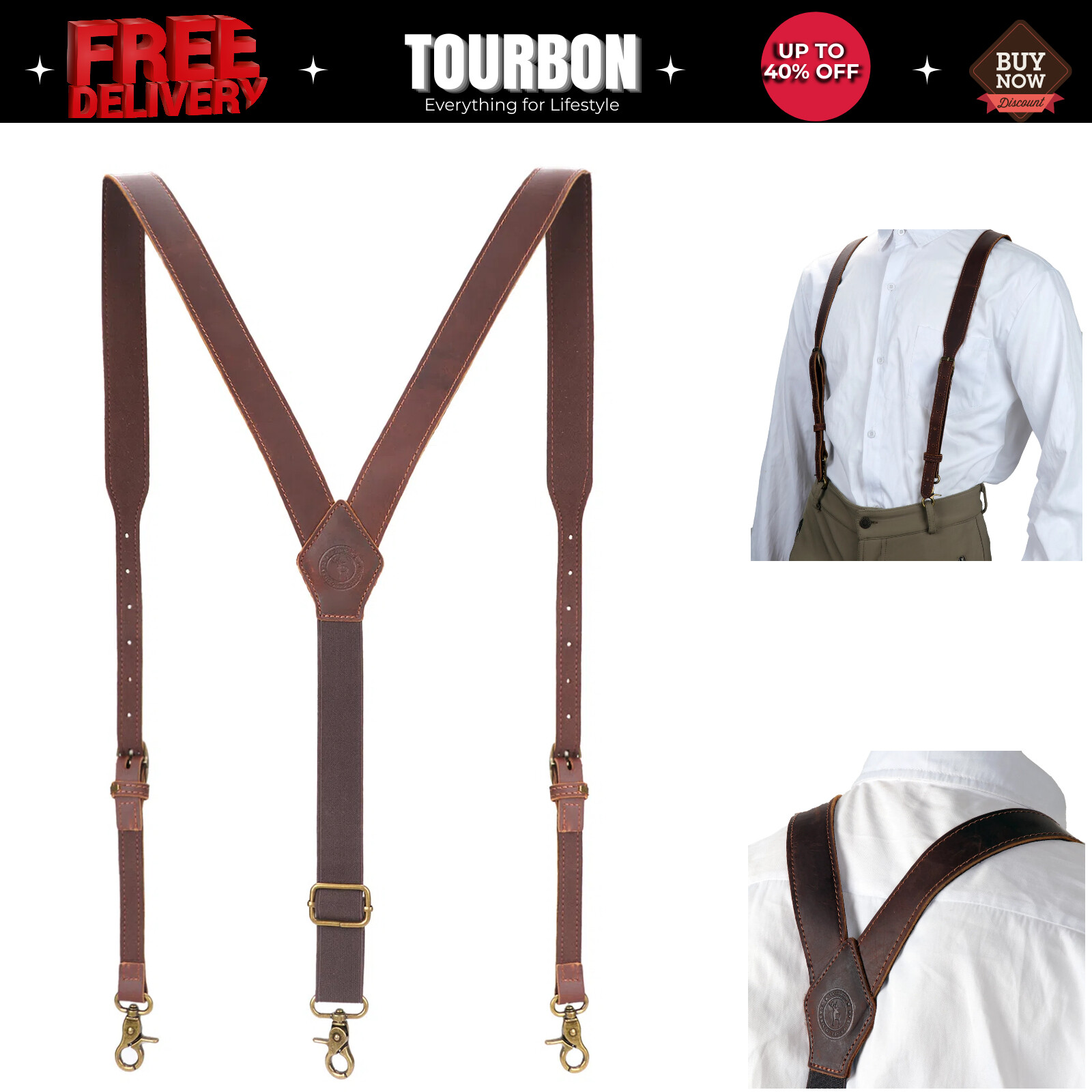 TOURBON Leather Suspenders Y Back Adjustable Y-Shape Pants Brace