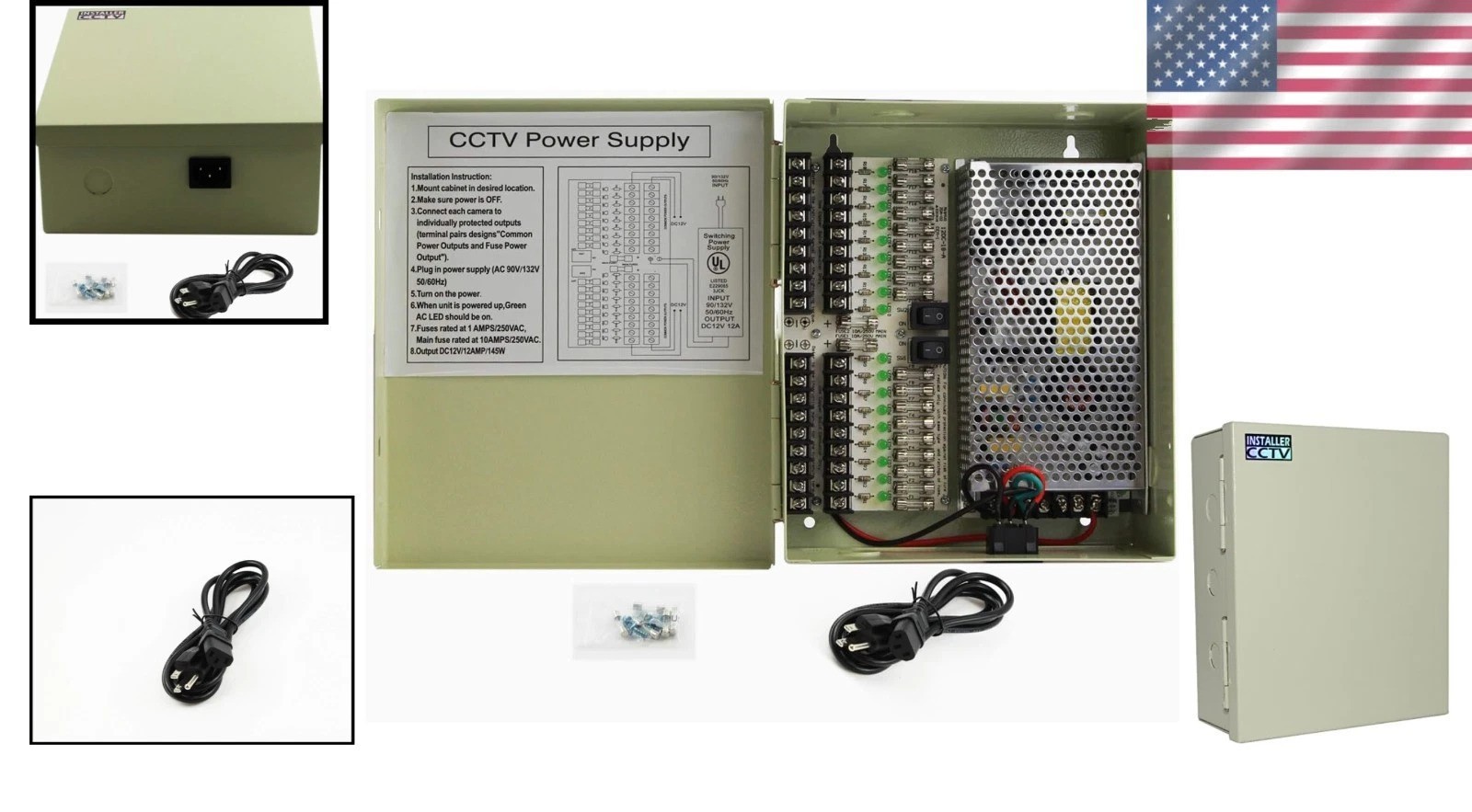 12V 12 Amp Power Supply Box with 18 Outputs for CCTV Security System - Listed