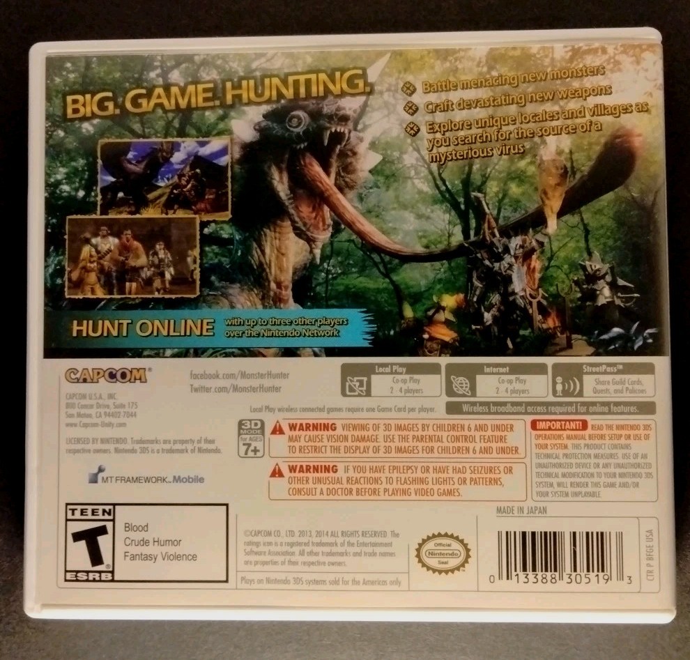 Monster Hunter 4 Ultimate Nintendo 3ds Authentic Case Box Artwork ONLY