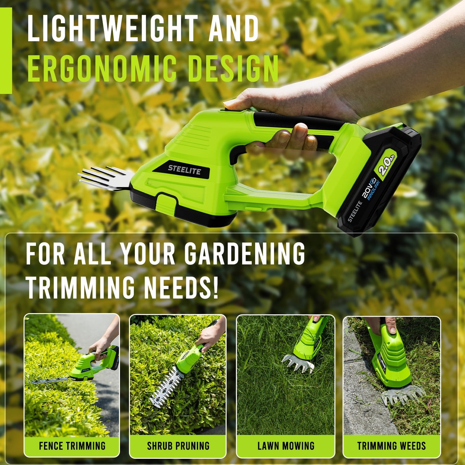 Steelite 21V Cordless Hedge Trimmer 2 in 1 Electric Grass Shear & Shrub Trimmer