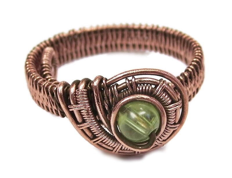 Peridot Adjustable Ring, Woven in Copper Wire