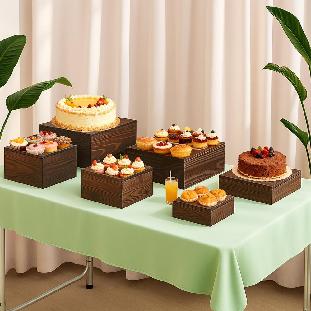 6-Pack Rustic Wood Display Risers for Cakes, Cupcakes, and Buffets