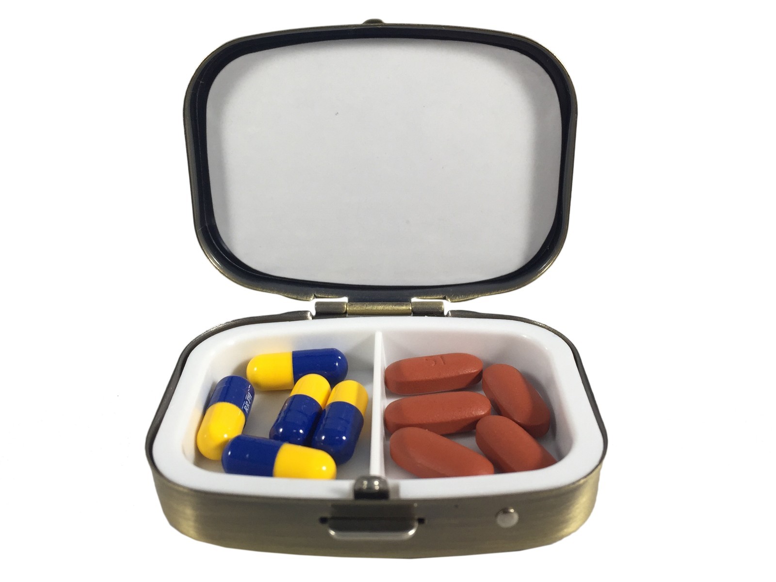 Vintage Brass Small Pill Box Medication Organizer for Pocket or Purse- 2 Section