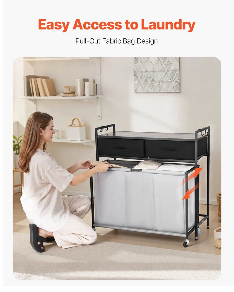 3-Section 29.4Gal Rolling Cabinet with Laundry Bins, Wall-Mount Ready