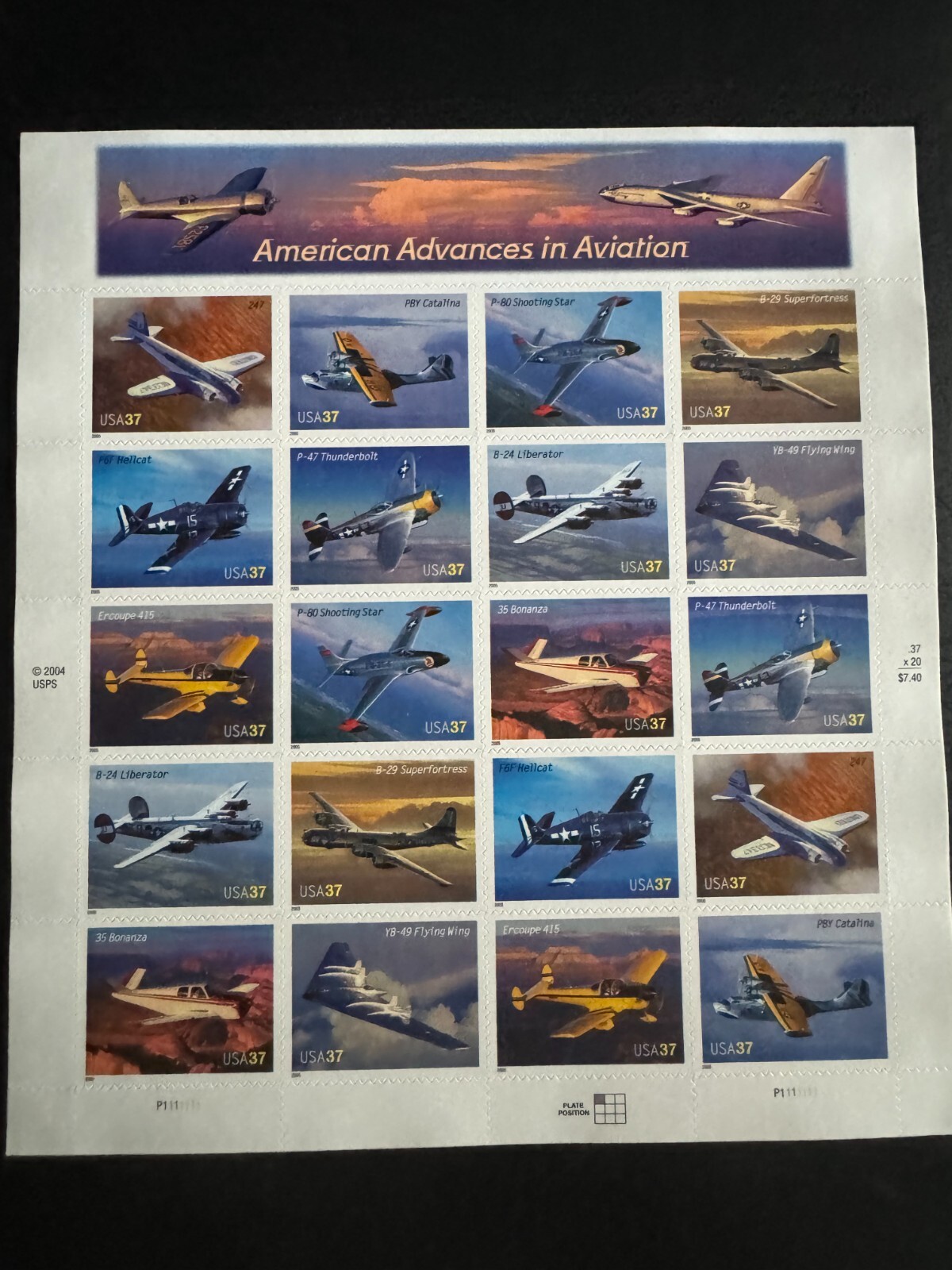 Scott 3916-25 American Advances in Aviation Pane of 20 37¢ Stamps (2005)