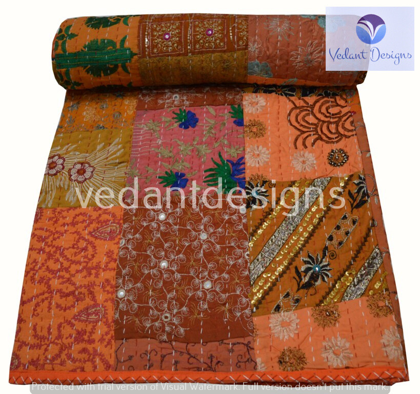 Indian Embroidery Kantha Quilt Bedspread Patchwork Throw Cotton Multicolor