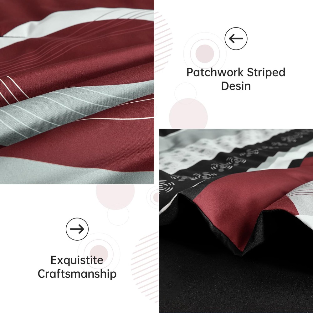 Comforter Set Size, 8 Pieces Striped Bed in a Bag, Patchwork Burgundy Queen