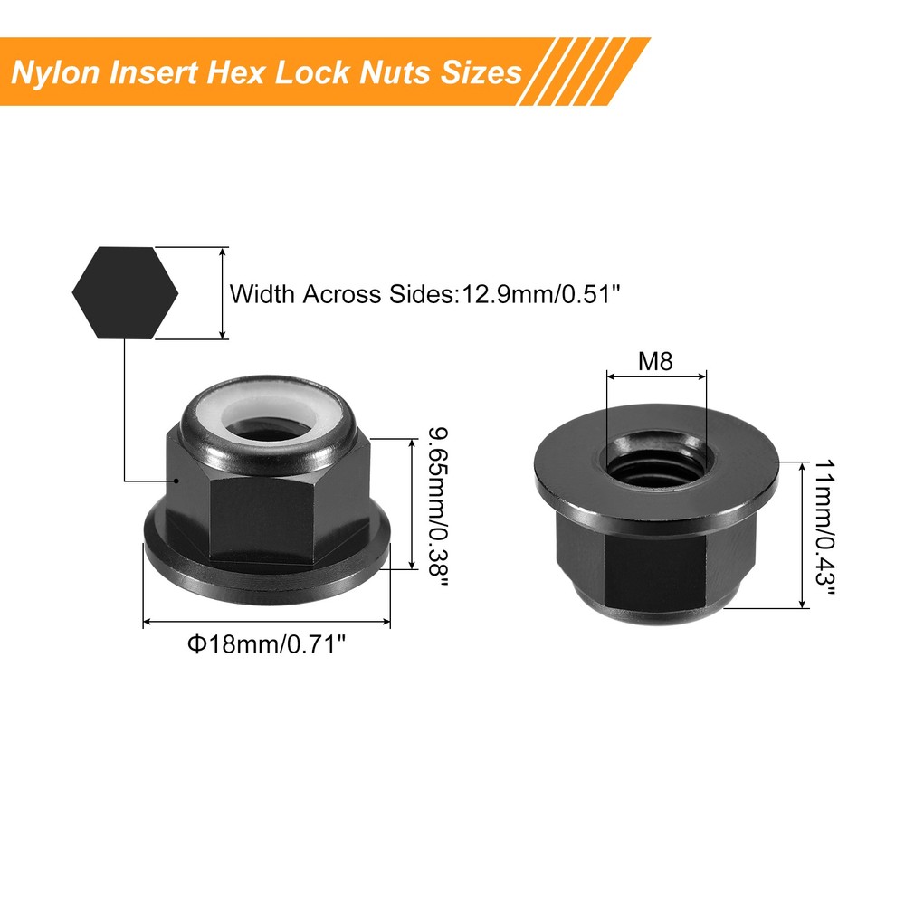 Nylon Insert Hex Lock Nuts, 8pcs - M8x1.25mm Self-Locking Nut(Black)