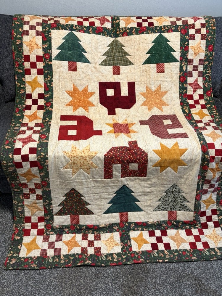 Handmade Christmas Patchwork Quilt Large Wall Hanging Throw 51"x 72" Primitive