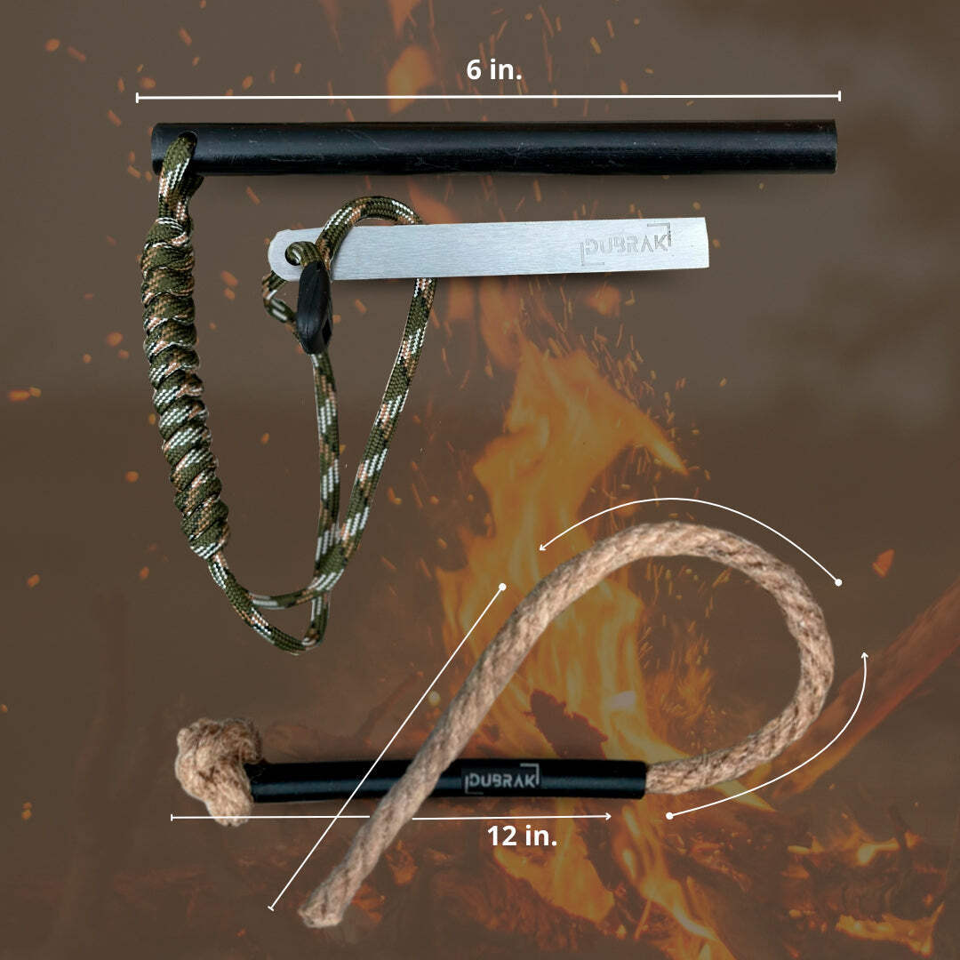 Dubrak 6 x 1/2 In Fire Starter Ferro Rod w/ Camo Paracord + Tinder Rope + Bellow