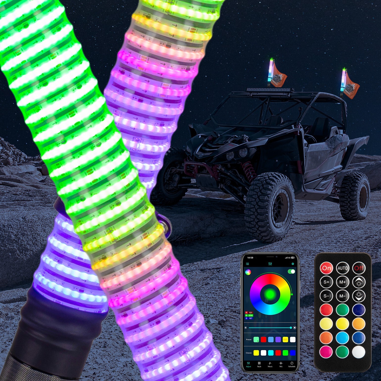 2PCS COB 2FT Fat Whip Lights Spiral Chasing Lighted for Can-Am Polaris UTV ATV