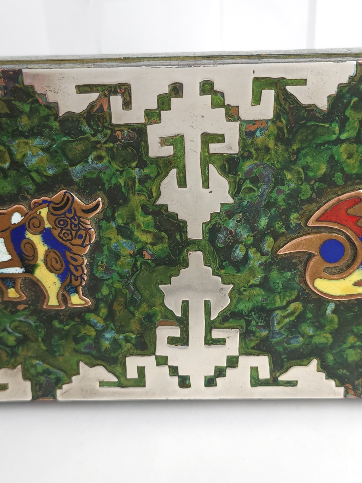 Vintage Peru Enameled Copper Cigarette Trinket Box Silver Tone Metal Bird Bull