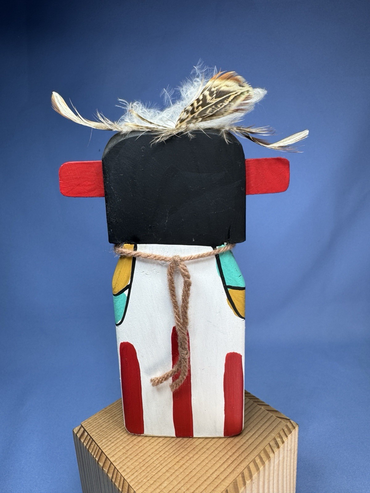 VTG Hopi Puchtihu Corn Kachina Flat Carved Wood With Feathers 7” Sign Puhuyesua