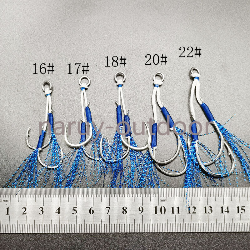 20 Pair Solid Ring Double Assist Barbed Hooks Blue Feather Fishing Slow Jig