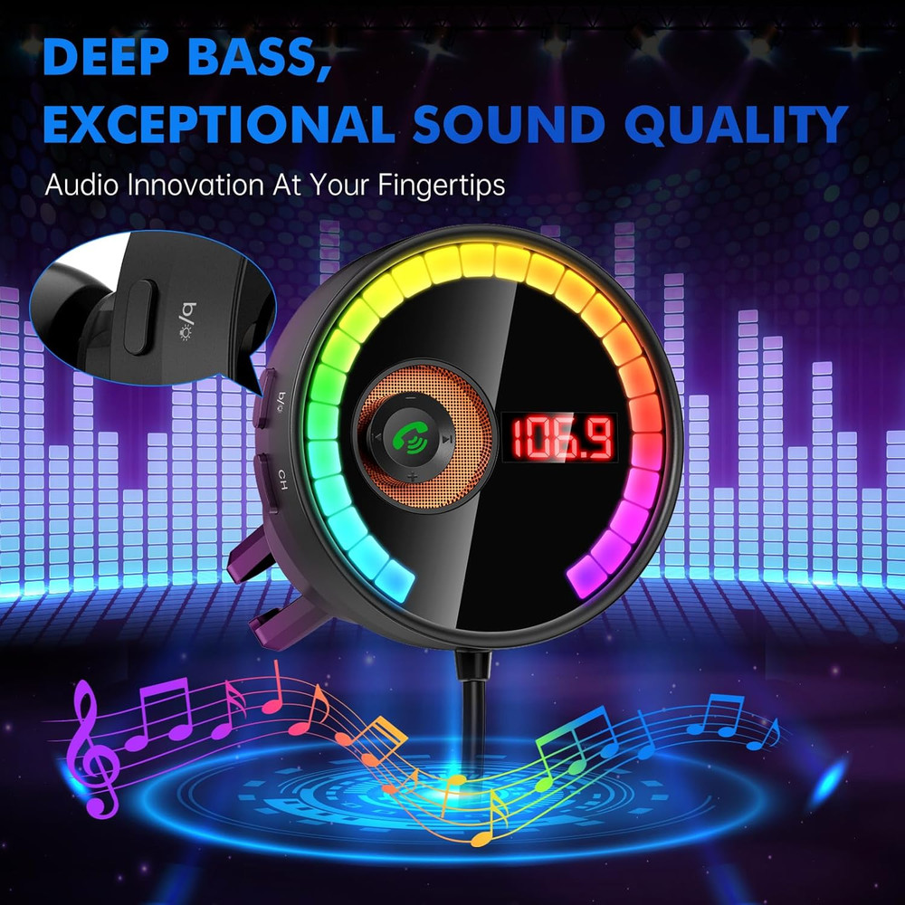 Car Bluetooth FM Transmitter, Wireless Radio Car Adapter 7 Colors LED Backlit