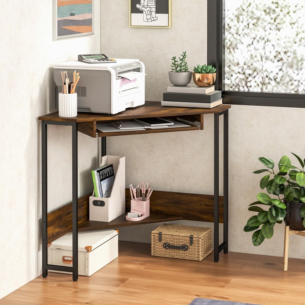 Corner Desk, Triangle Computer Desk with Power Outlets, Small Desk for Small ...