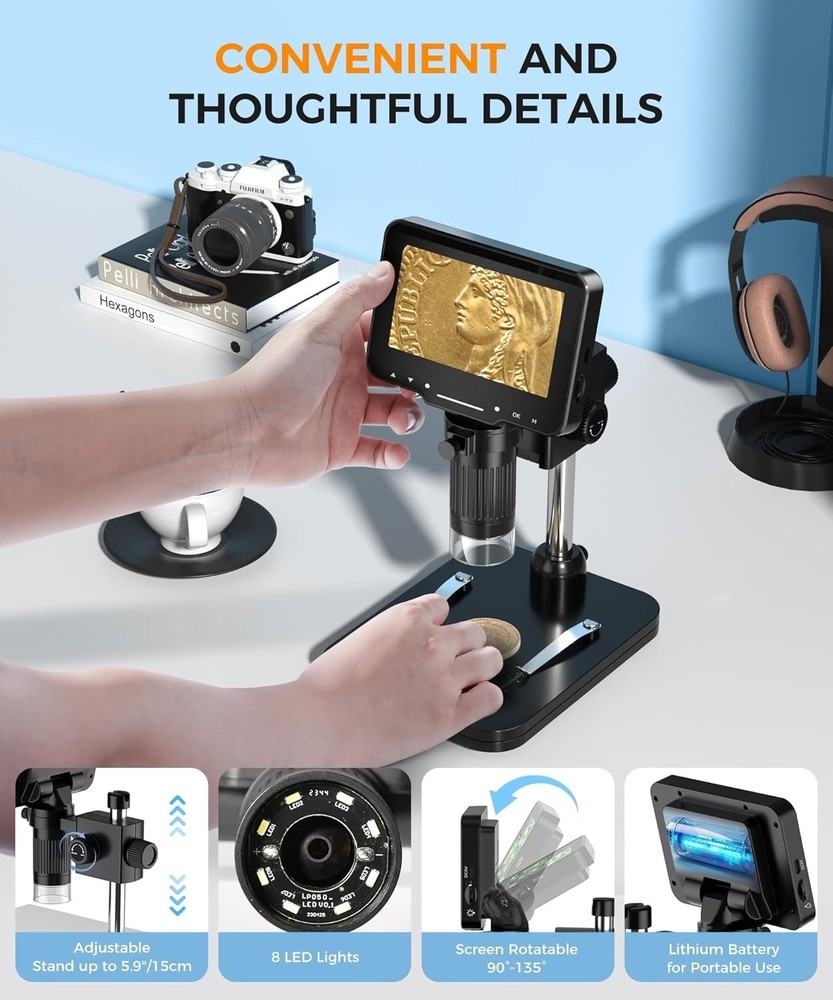 Explore Micro Worlds: 4.3 Inch 1080P Digital Microscope with 1000X Magnification