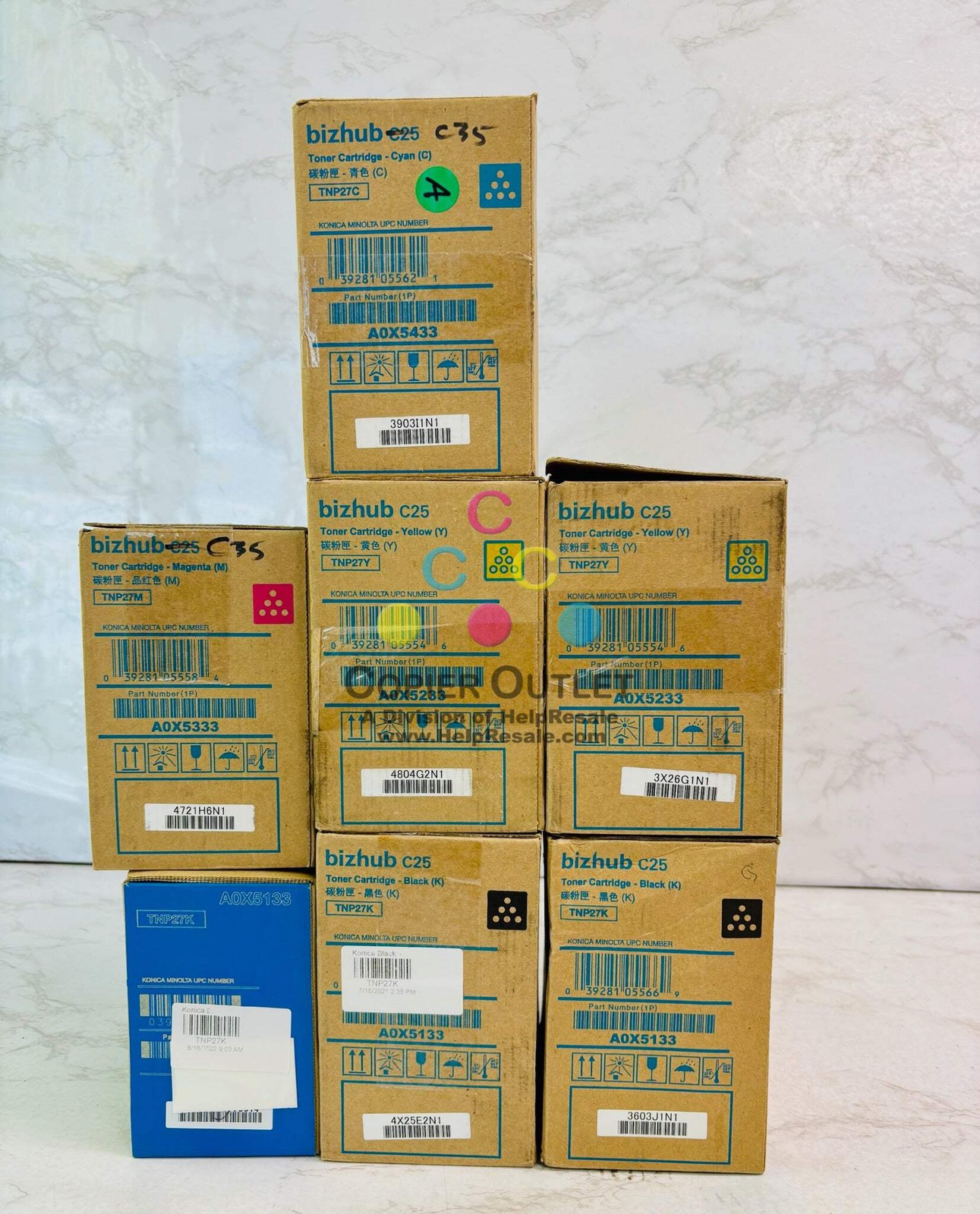 7 Open Genuine Konica BH C25 Cyan, Magenta, Yellow & Black Toner TNP27 CMYYKKK