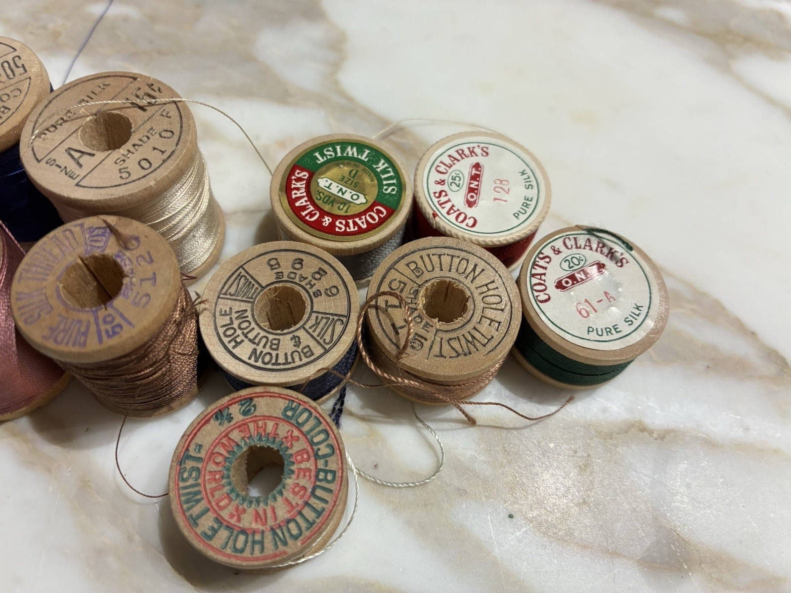 14 vintage silk thread most on wooden spools