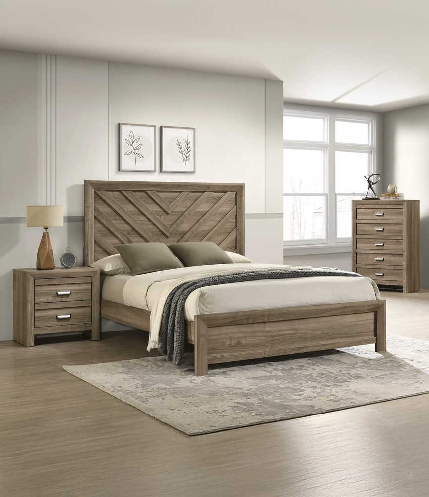 3pc Light Brown Queen Chevron-pattern Panel Bed Chest Nightstand Bedroom Set