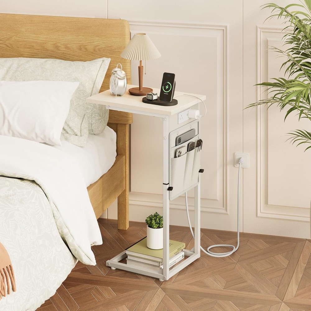 C Shaped End Table W/ Charging Station Adjustable Height Side Table Couch Small