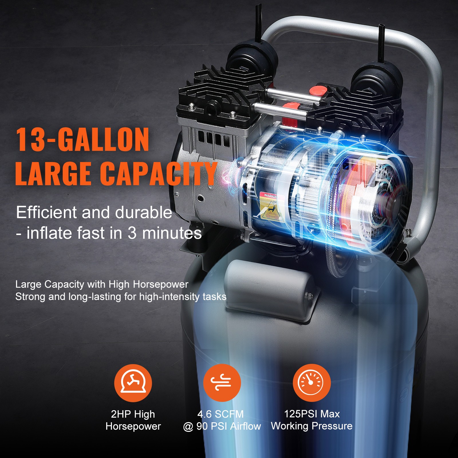 13 Gallon Air Compressor 2HP 4.6SCFM@90PSI Oil Free Air Compressor 125PSI