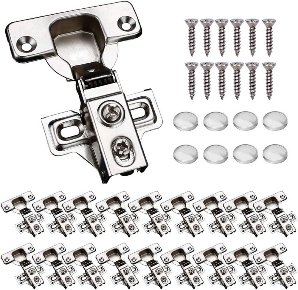 Brushed Nickel Self-Closing Cabinet Hinges - 20-Pack with Easy Install Guide
