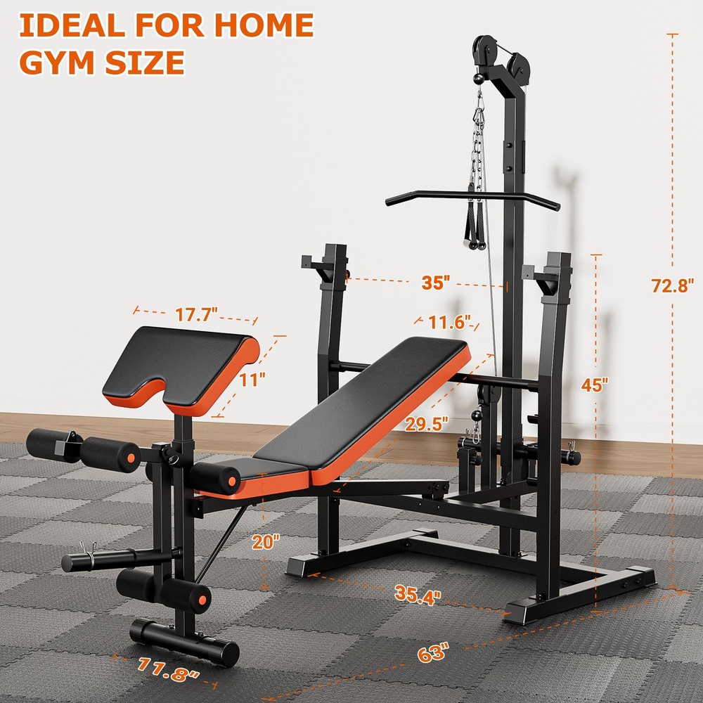 9-in-1 Adjustable Olympic Weight Bench with Lat Pulldown, Row, Squat Rack & L...
