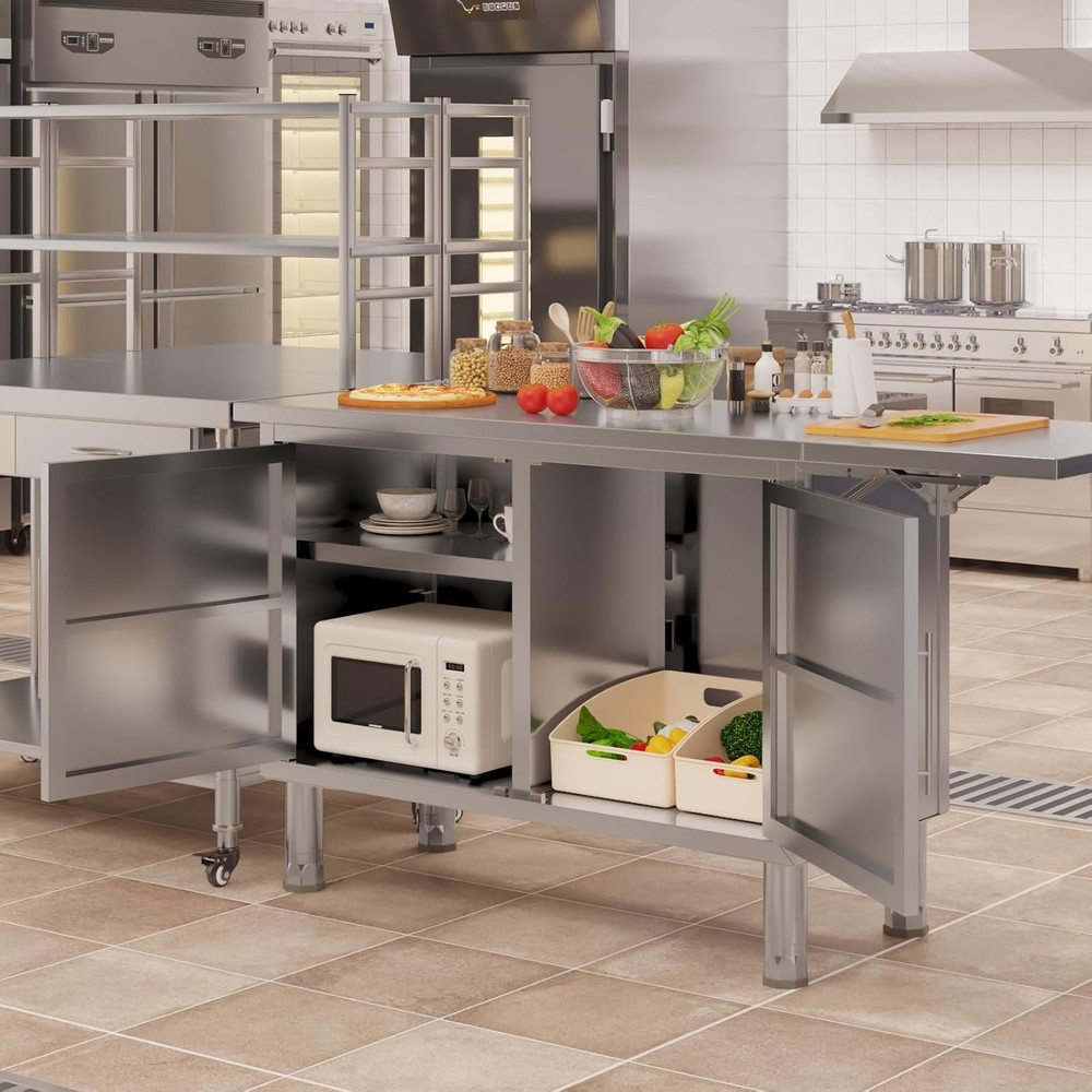 57"x19.7" Stainless Steel Kitchen Cabinets Worktable with Extend Panel & Shelf