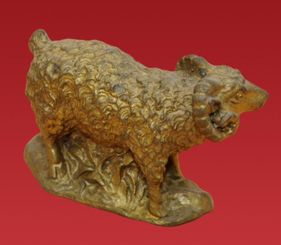 Vintage Chinese Gilt Brass Sheep - Detailed Wool Textured Goat Decor Art