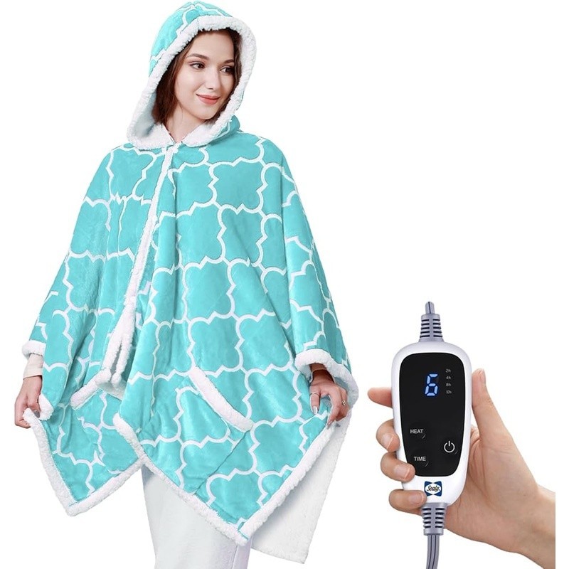Wearable Heated Blanket W/ Sherpa Lining Adjustable Temperature & Pockets Blue