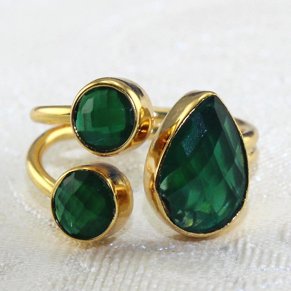 Double Layer Chalcedony Multi-Color Hydro Quartz 24k Gold Plated Adjustable Ring