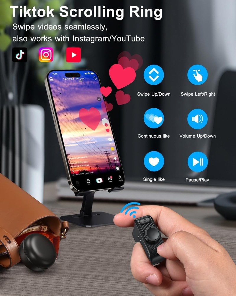 TikTok Scrolling Ring Remote Control, Camera Shutter Remote, Wireless Bluetooth