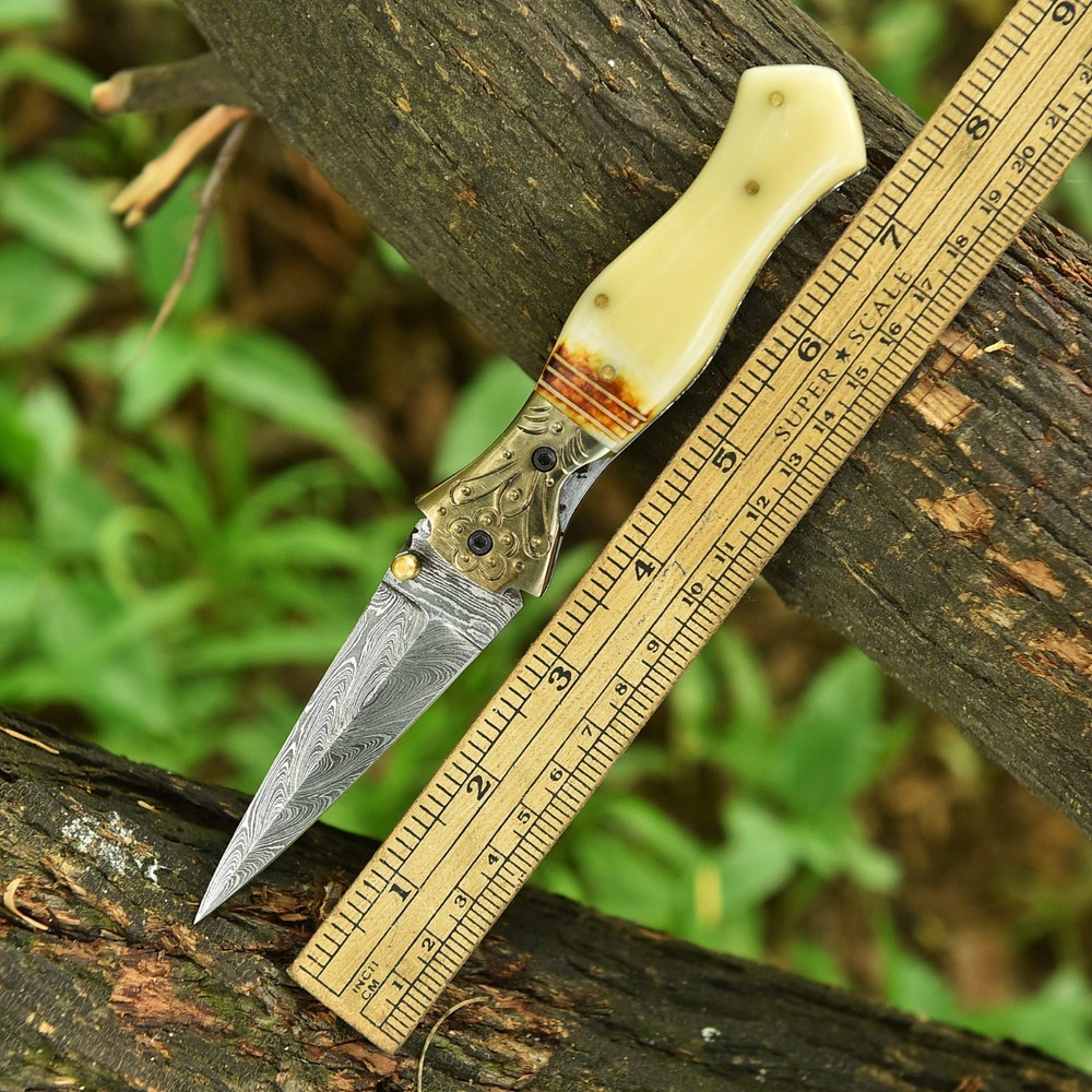 Damascus Folding Double edge Blade Pocket Knife - Dagger - Camel Bone Handle