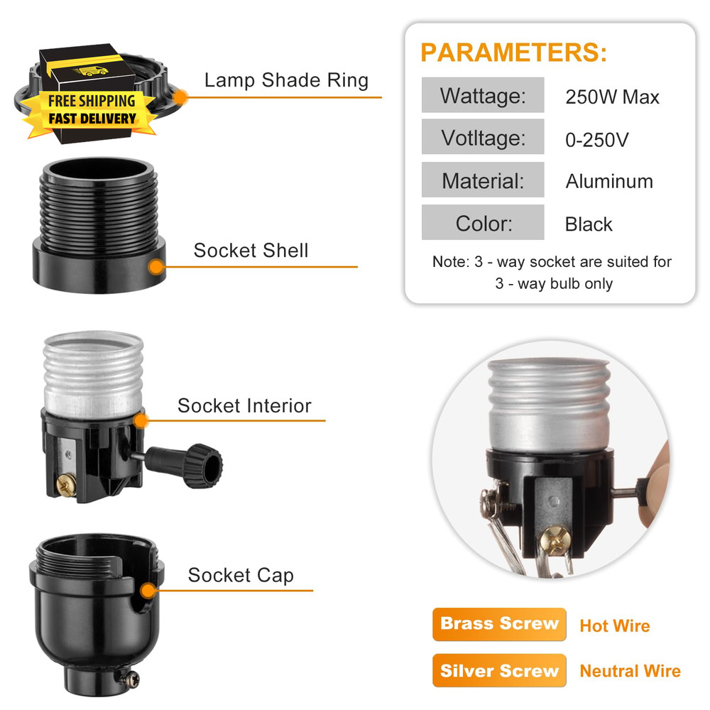 3 Way Light Socket with Lamp Shade Ring, E26 Lamp Socket Replacement with Switch