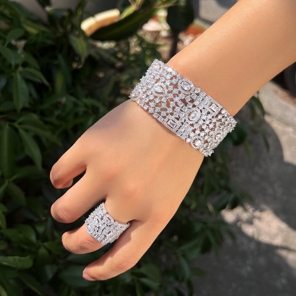 Sparkling CZ Austrian Crystal Wide Open Cuff Bangle Ring Adjustable Jewelry Set