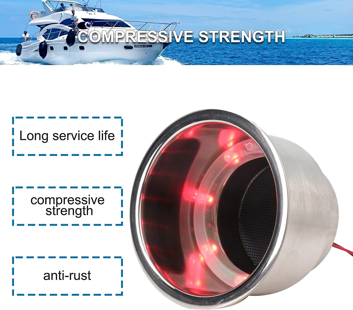 2 Pieces Stainless Steel Cup Drink Holder 12V Red LED Light Built-in for Boat/RV
