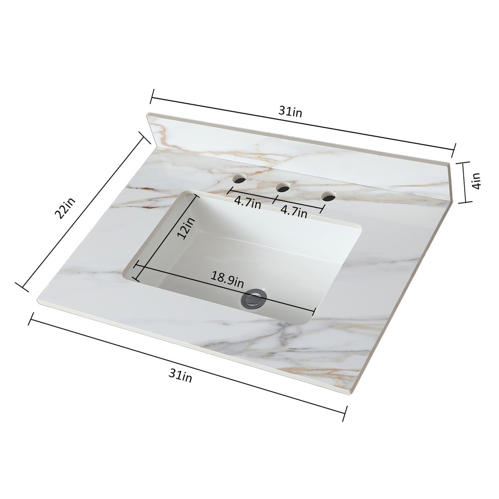 31 Inch Marble Vanity Top, Bathroom Vanity Top with Undermount Rectangular Mid