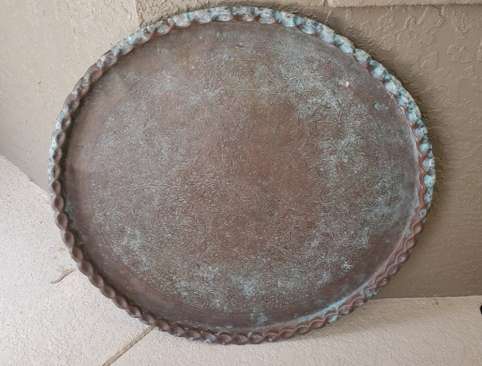 36 Inch Antique Copper Ottoman Repoussé & Chasing Serving Tray
