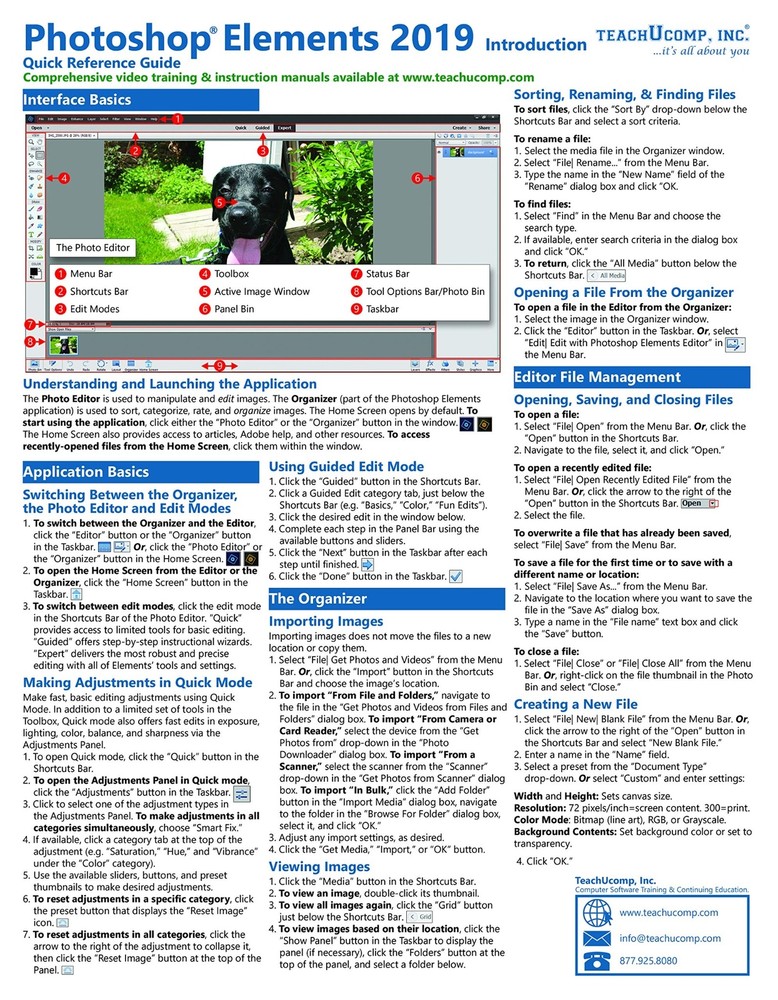 Photoshop Elements 2019 Training Guide Quick Reference Card 2 Page Cheat Sheet