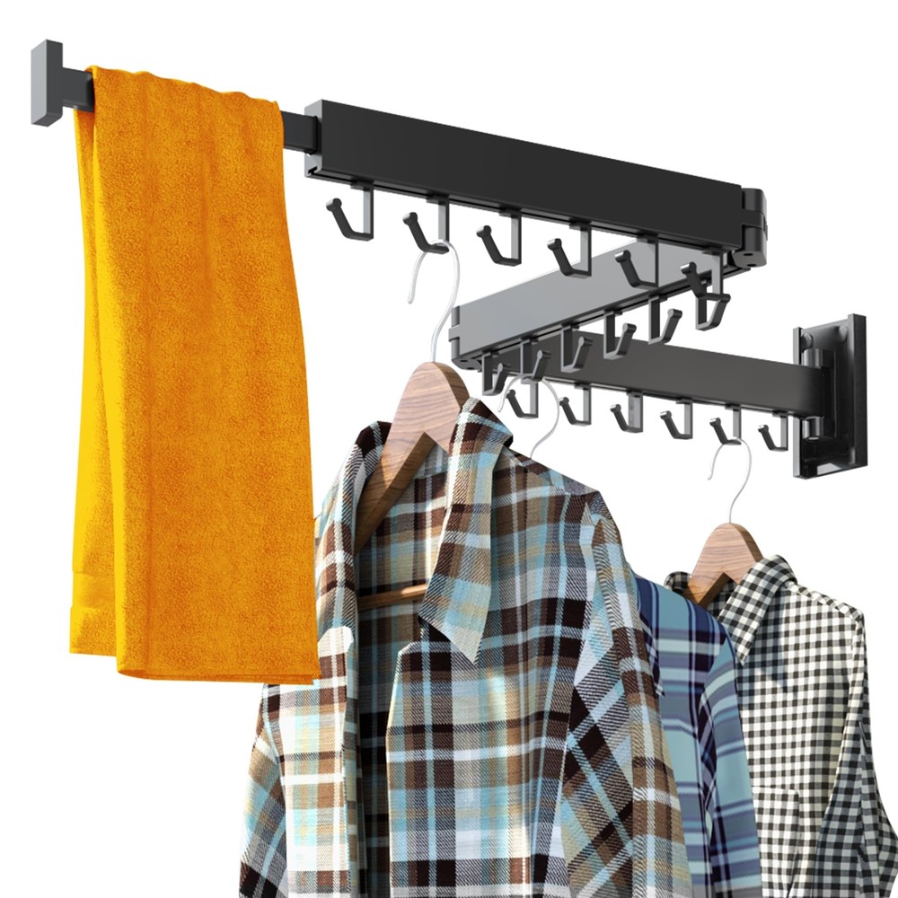 Wall Mounted Retractable Clothes Drying Rack Folding J Shape Hooks for Laundry