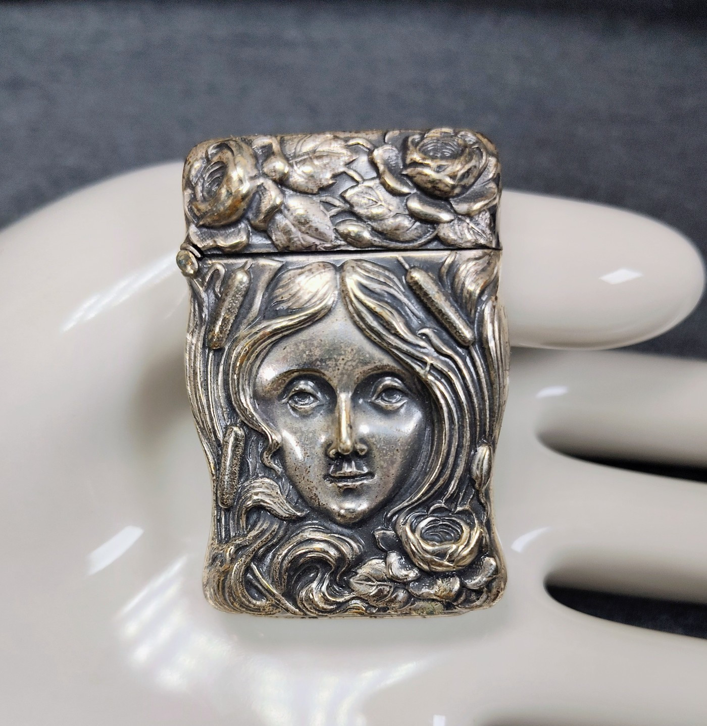 1870's Antique German Silver Art Nouveau Woman Lady Match Safe Vesta
