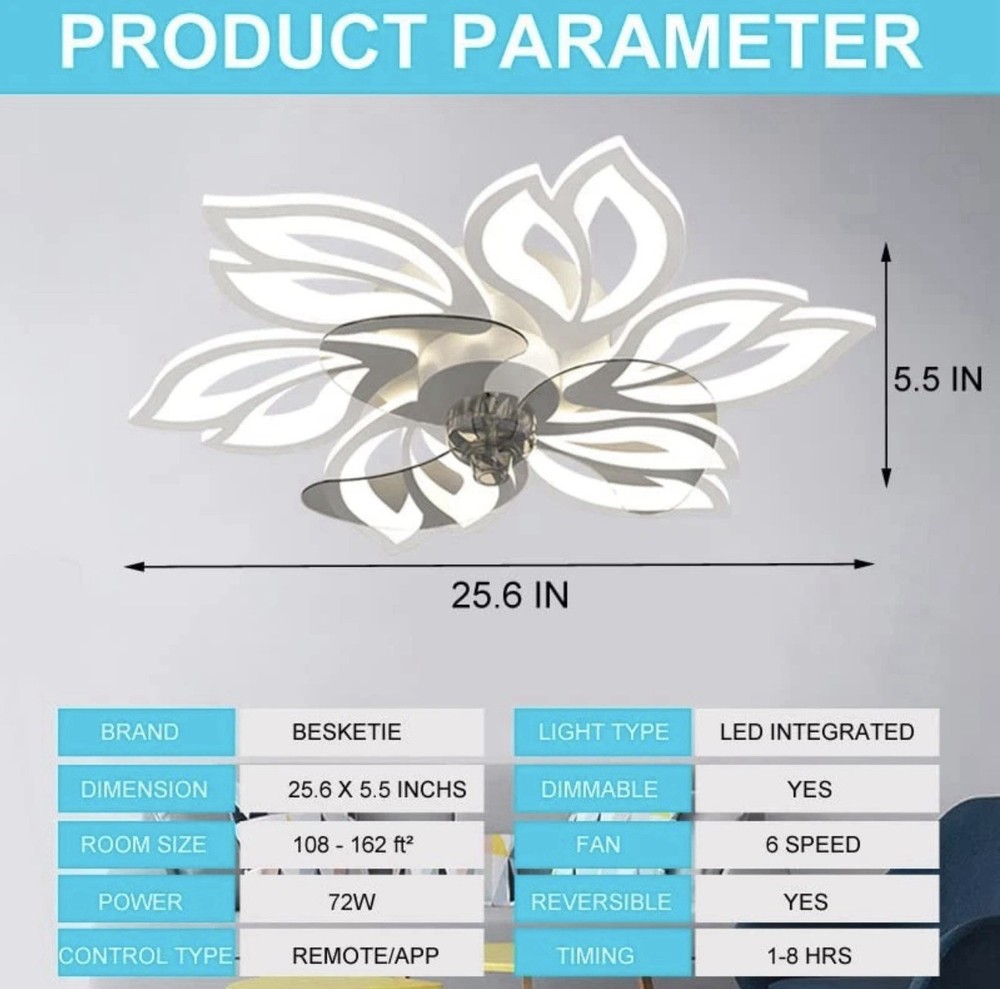 25" Modern Fan Lights LED Ceiling Light kit With Remote APP Control