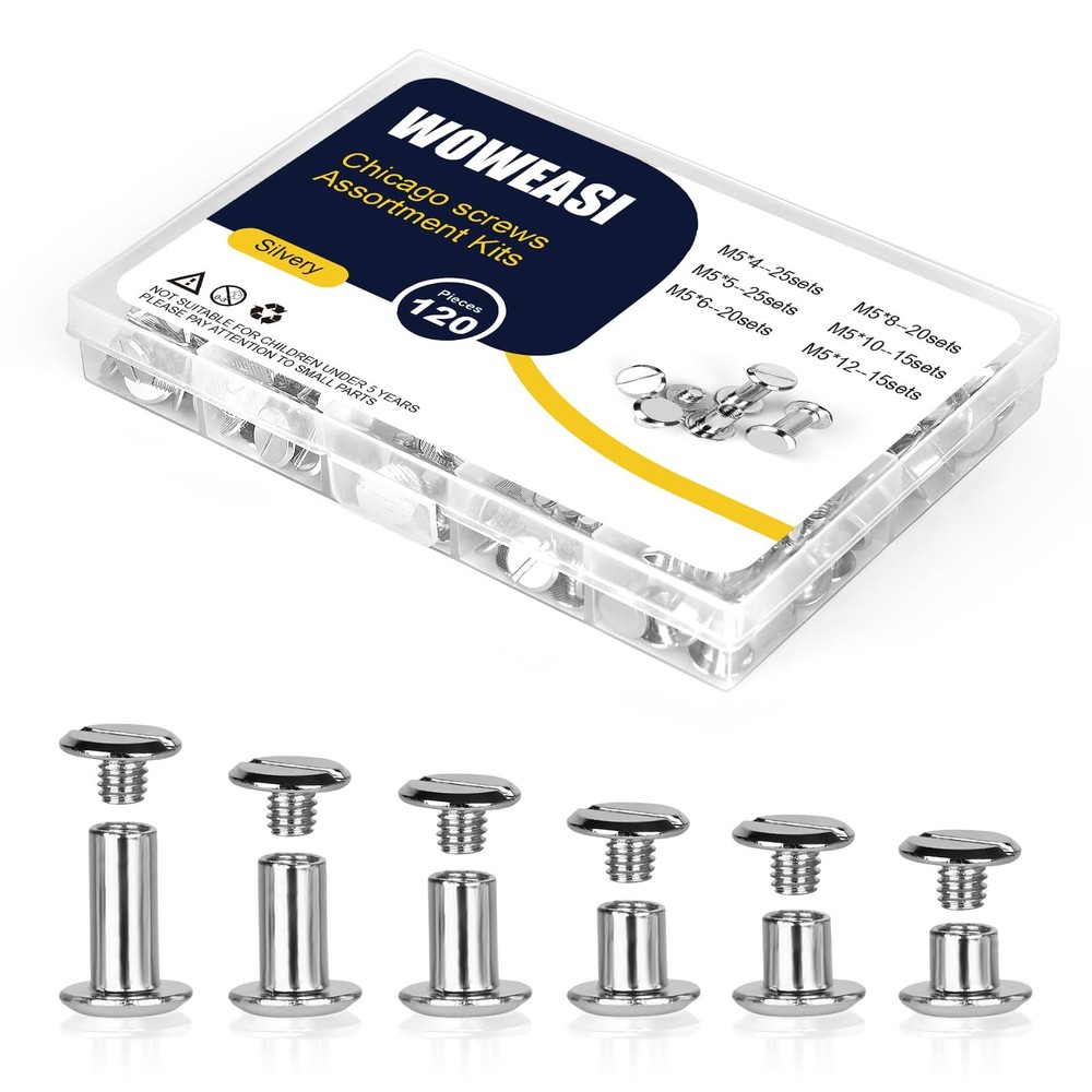 120sets Chicago Screws Kit, 6 Sizes Screw Rivets Silver Chicago Binding Screw...