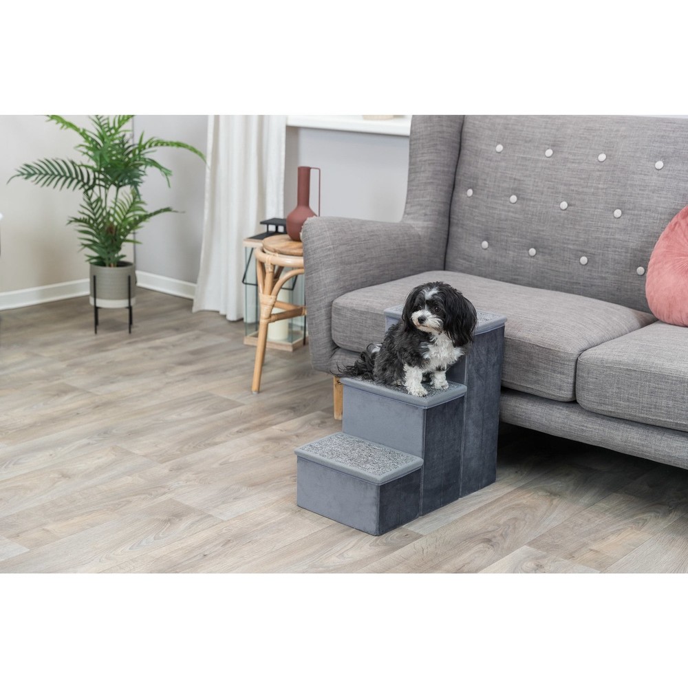 3-Step Foldable Velour Pet Stairs W/ Storage Gray