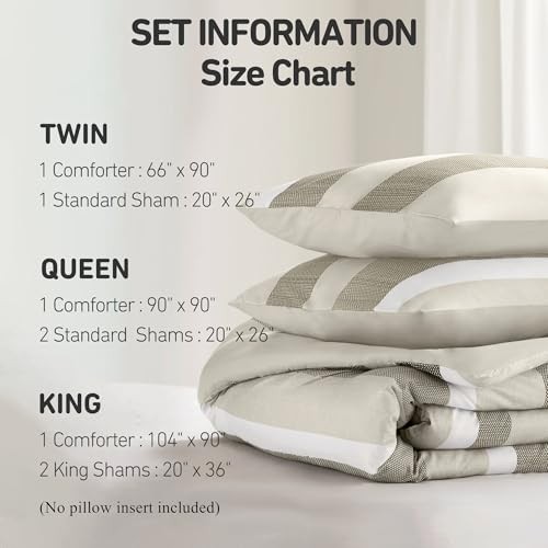 Comforter Set, 3 Pieces Striped Bed Set, Soft Brushed Microfiber Queen Neutral
