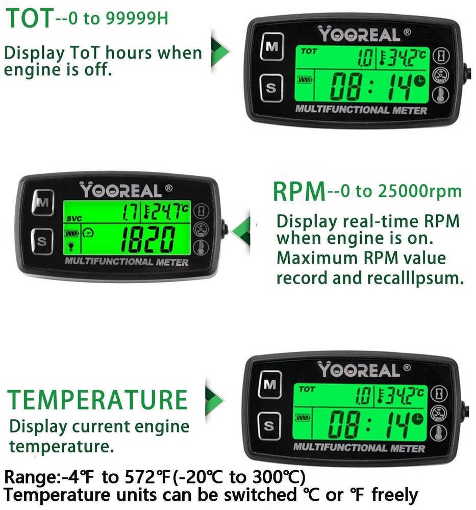 Yooreal Digital Tach Hour Meter,Small Engine Temperature HM035A TS002