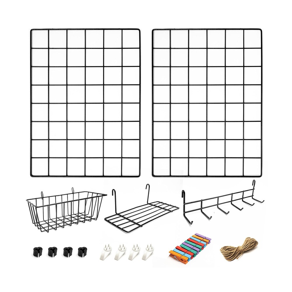 2 Pack Wire Wall Grid Panel With Accessories | Includes Hanging Basket, Shelf...