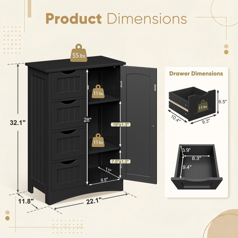 Bathroom Storage Cabinet Freestanding Floor Storage Cupboard Adjustable Black