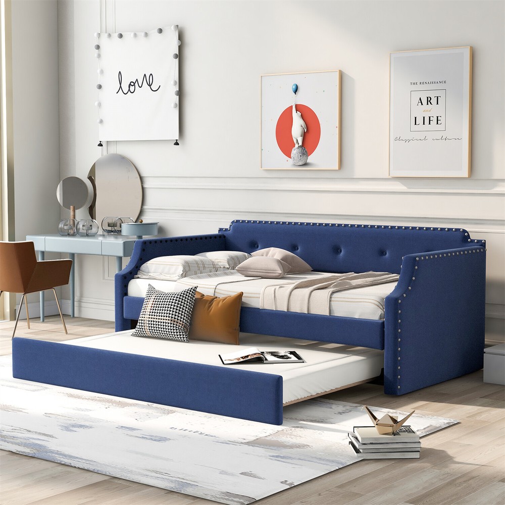 Twin Size Daybed with Pull-Out Trundle Bed Upholstered Bed Frame Sofa Bed Blue